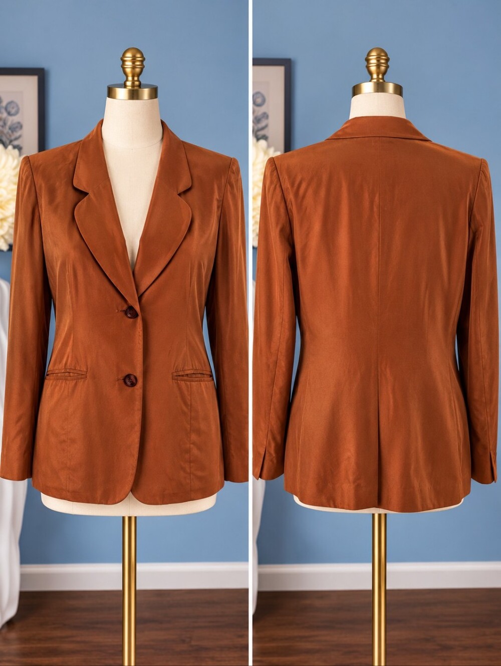 Vintage 90s Stephanie Andrews 100% Silk Cinnamon Brown Two-Button Blazer